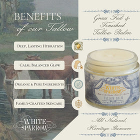 Ingredients close-up showing grass-fed tallow, olive oil, and beeswax in White Sparrow Farmacy balm.