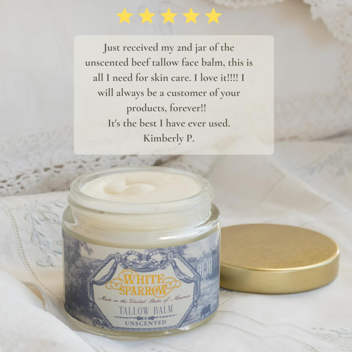 White Sparrow Farmacy tallow balm ingredients list with grass-fed tallow and olive oil.