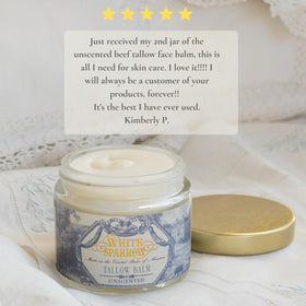 White Sparrow Farmacy tallow balm ingredients list with grass-fed tallow and olive oil.