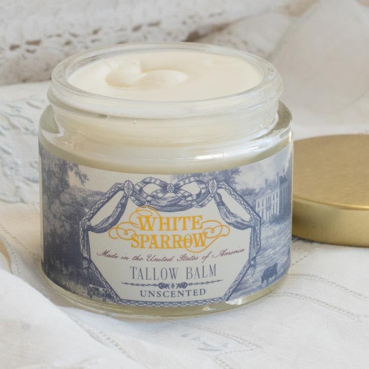 White Sparrow Farmacy tallow balm jar showing fragrance-free face and body moisturizer.