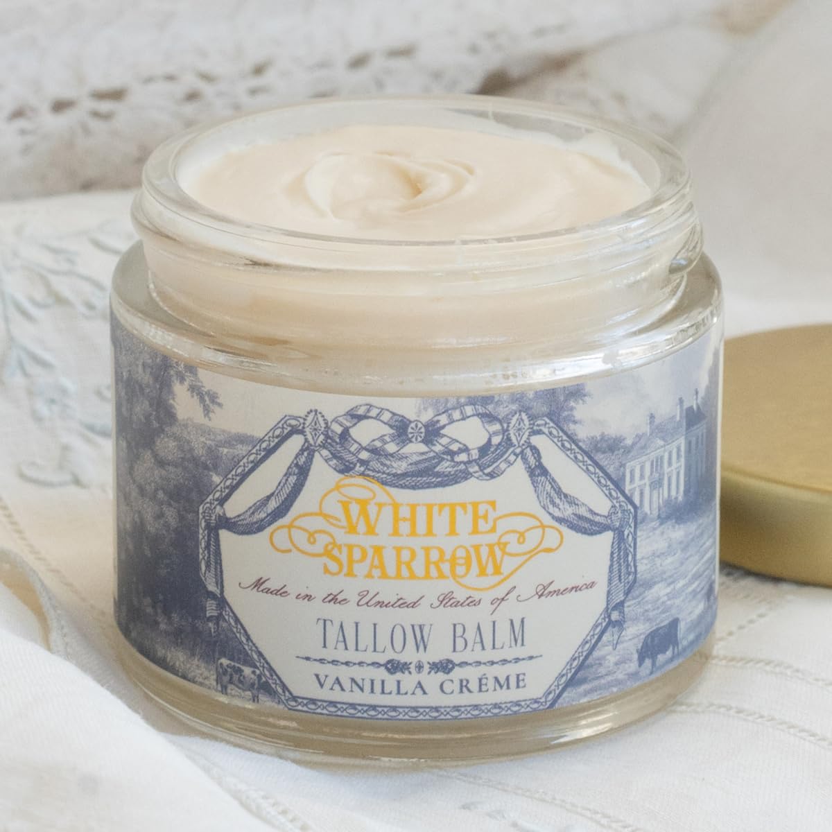 White Sparrow Farmacy vanilla creme tallow balm jar for daily hydration