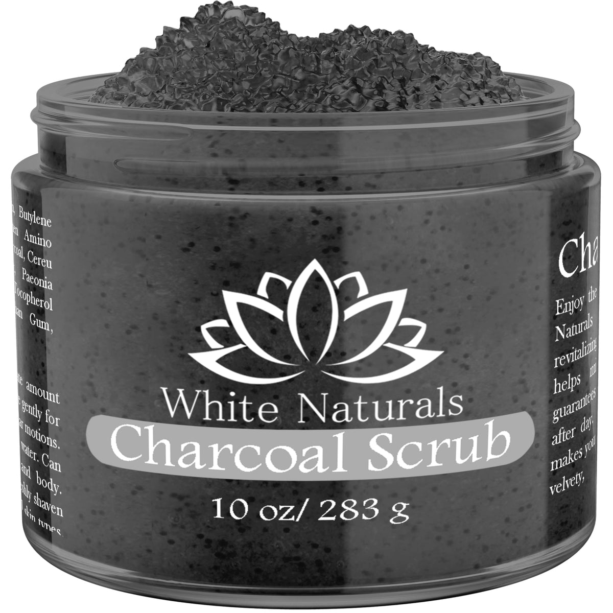 White Naturals Charcoal Body Scrub bottle front showing cleansing formula