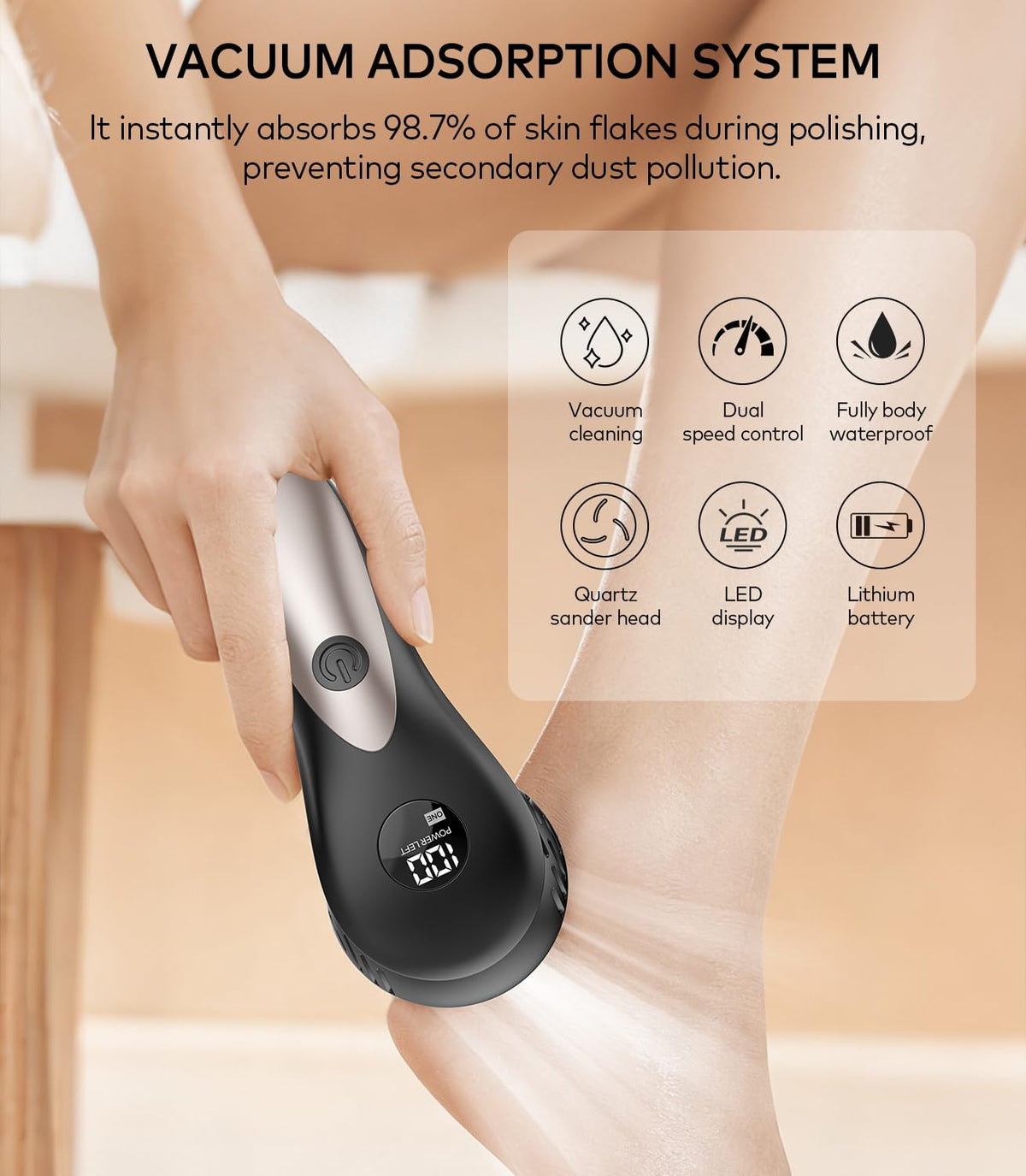 Whoalty three grinding heads and two speeds allow customizable foot care.