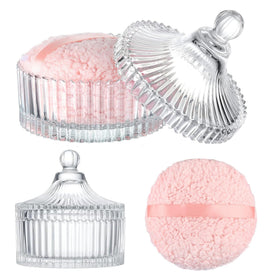 WHSLILR glass powder puff box with large pink puff for tidy vanity organization.