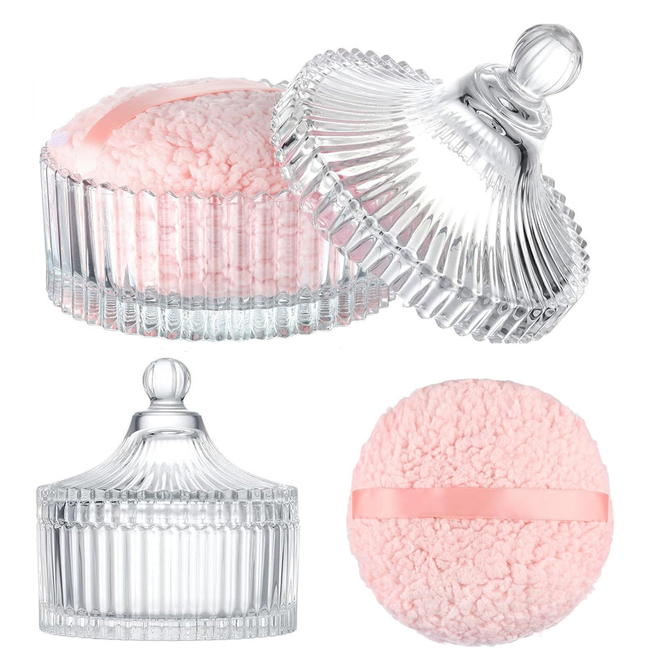 WHSLILR glass powder puff box with large pink puff for tidy vanity organization.