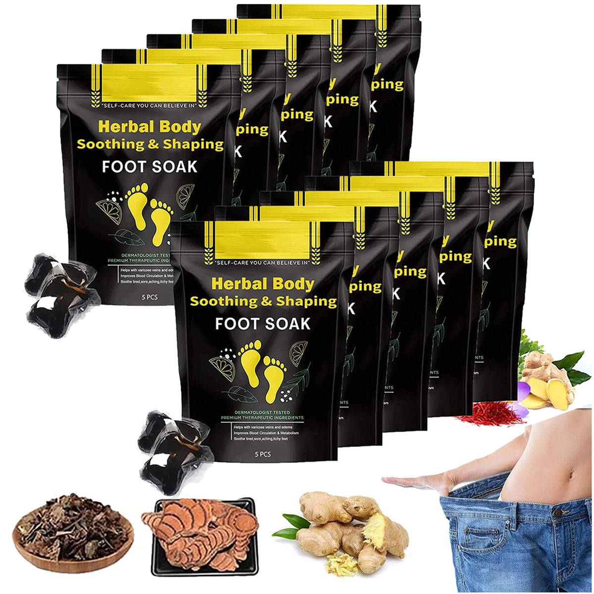 Whycalon 50pcs herbal detox foot soak beads packaging for at-home spa rituals.