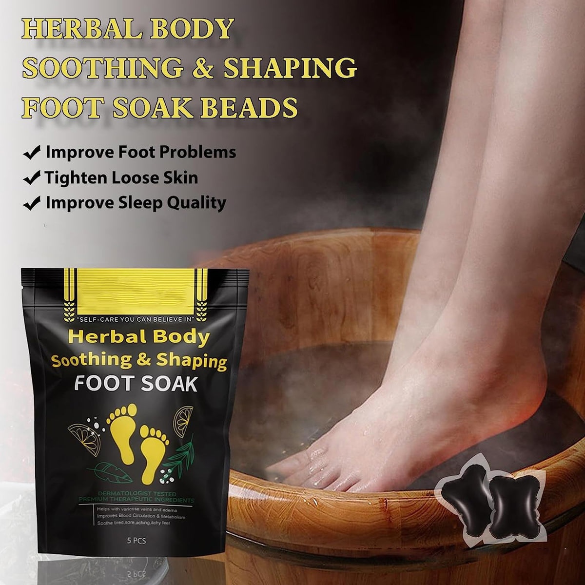 Whycalon detox and cleanse foot soak beads dissolving in warm water for tired feet.