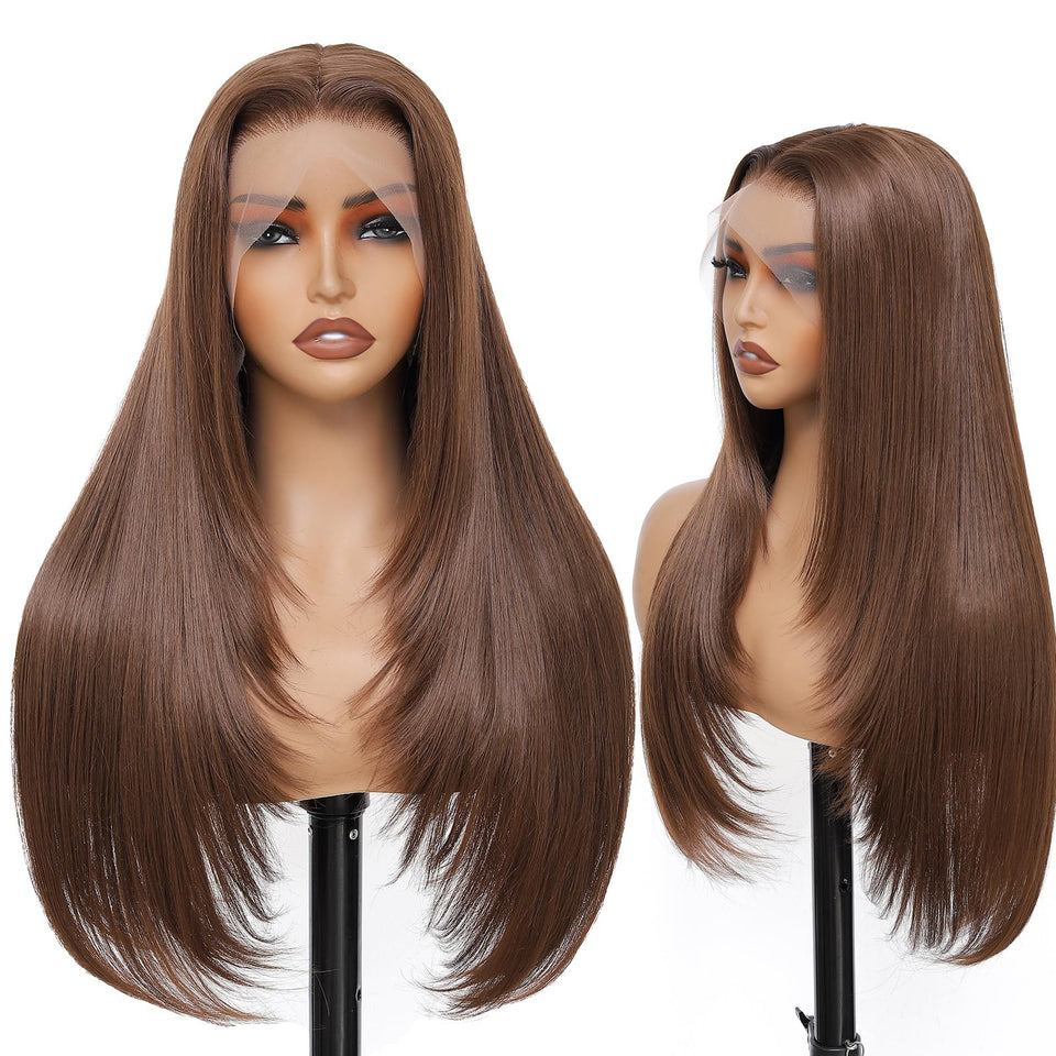 WIGAGA chocolate brown 26-inch lace-front wig with invisible hairline and natural movement