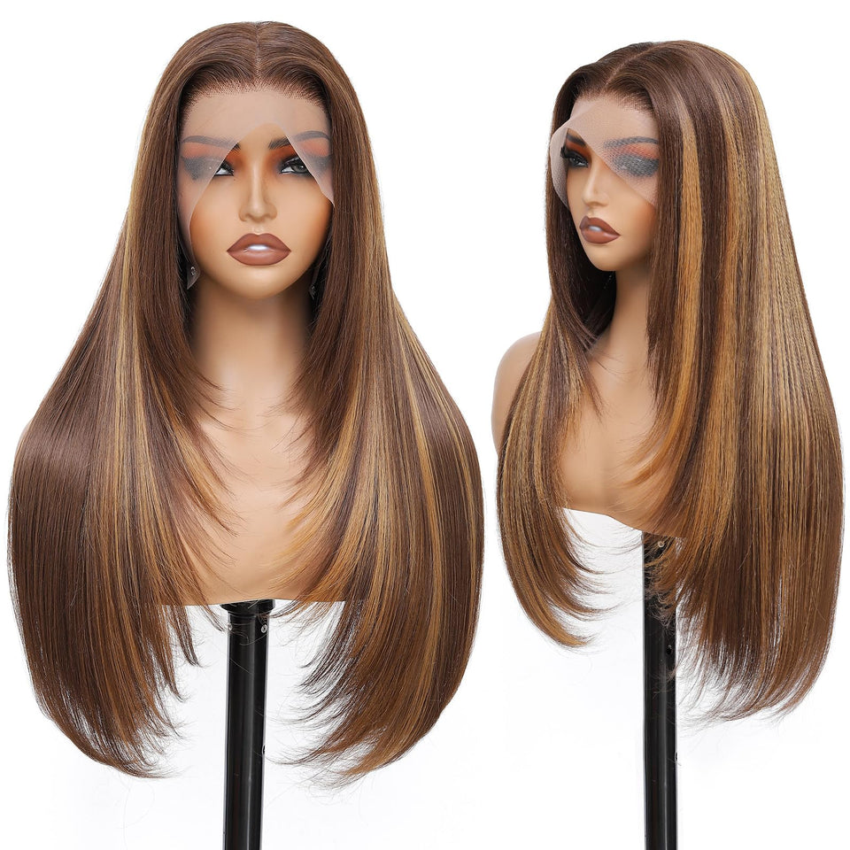 WIGAGA honey blonde 26in lace front wig, front view with sunkissed highlights for natural hairline