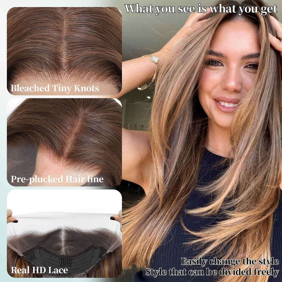 WIGAGA honey blonde 26in lace front wig, side view showing layered length and movement
