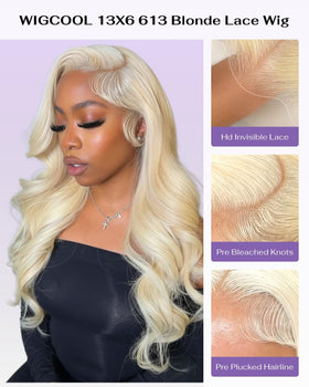 Wigcool 613 body wave blonde close-up highlighting silky texture and shine.