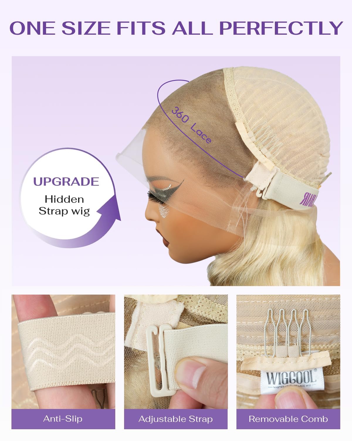 wigcool P18 613 adjustable strap and three combs offer a customizable fit