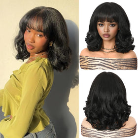 WIGER Yaki texture wavy wig with bangs shows natural volume for daily wear.