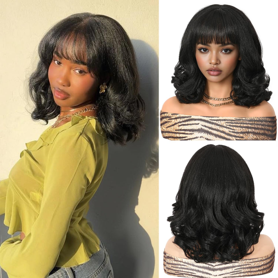 WIGER Yaki texture wavy wig with bangs shows natural volume for daily wear.