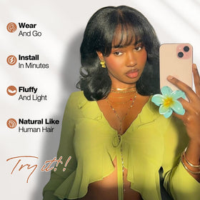 WIGER Yaki texture wavy wig demonstrates secure fit with built-in combs.