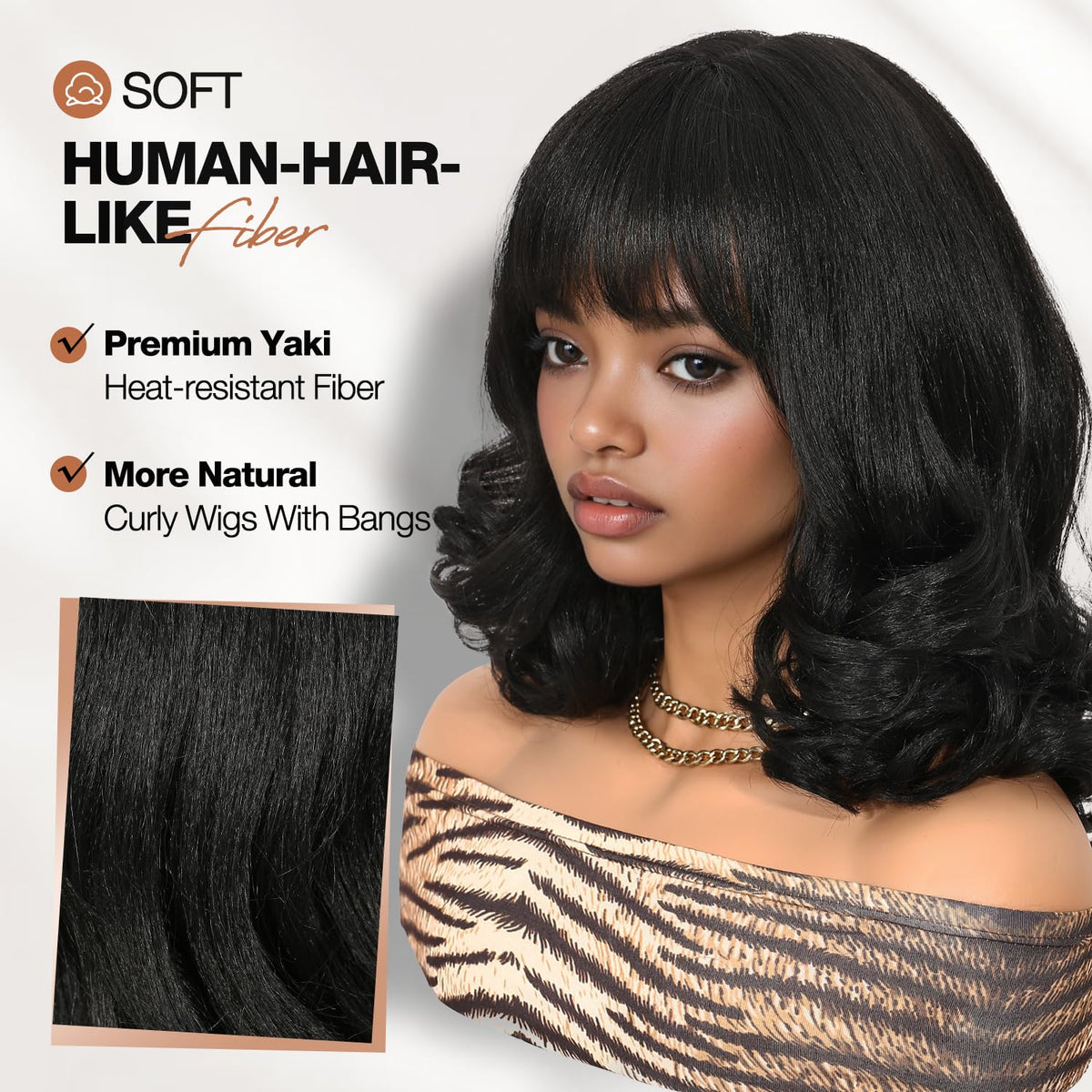 WIGER Yaki texture wavy wig offers natural look with fluffy curls.