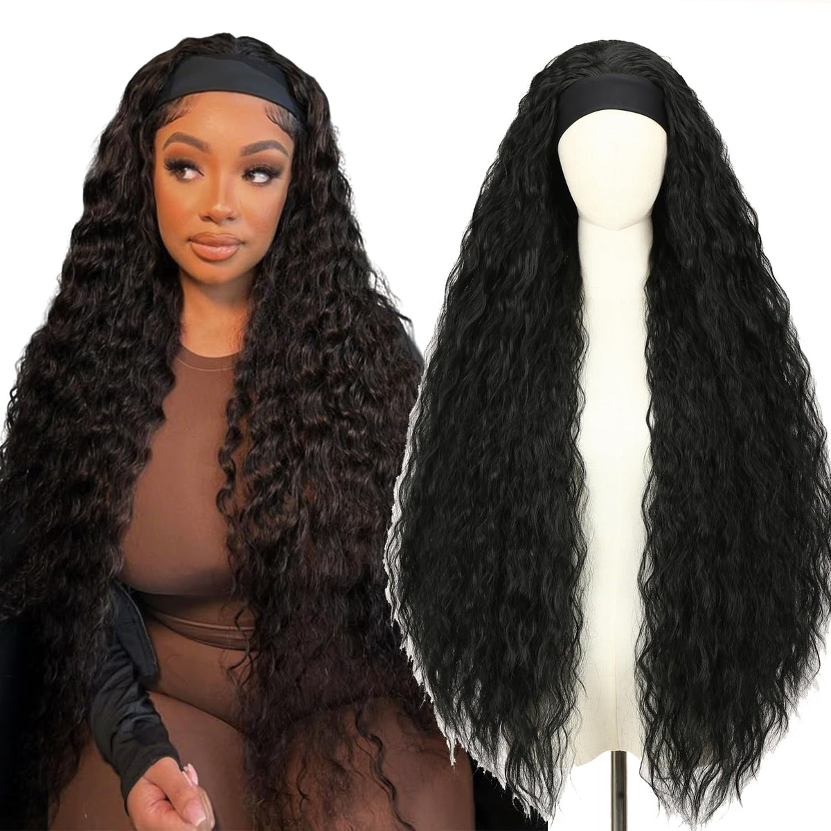 WIGNEE 38-inch long wavy headband wig for easy daily wear.