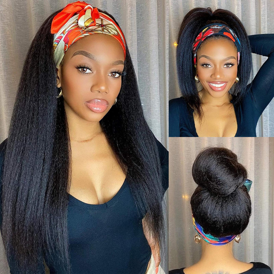 WIGNEE kinky straight headband wig 22in on model for natural fullness.