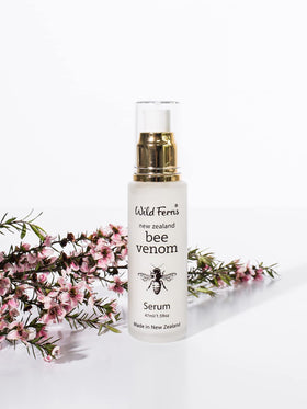 Wild Ferns Bee Venom Serum bottle closeup, humane VENZ harvesting showcased.