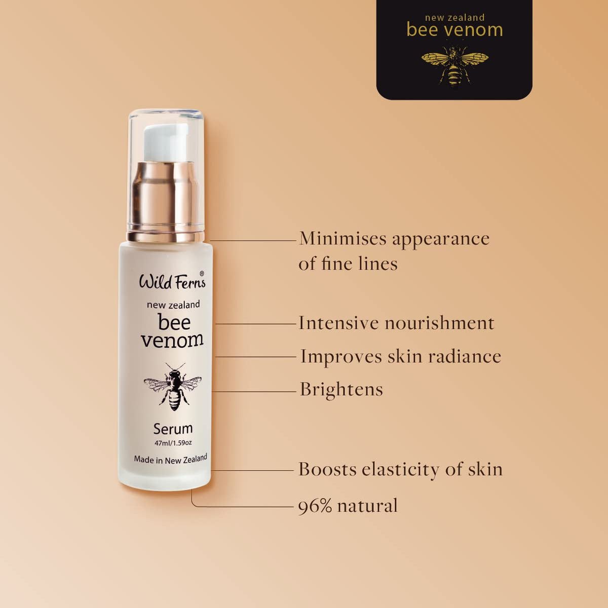 Wild Ferns Bee Venom Serum ingredients Royal Jelly highlight for nourishment.