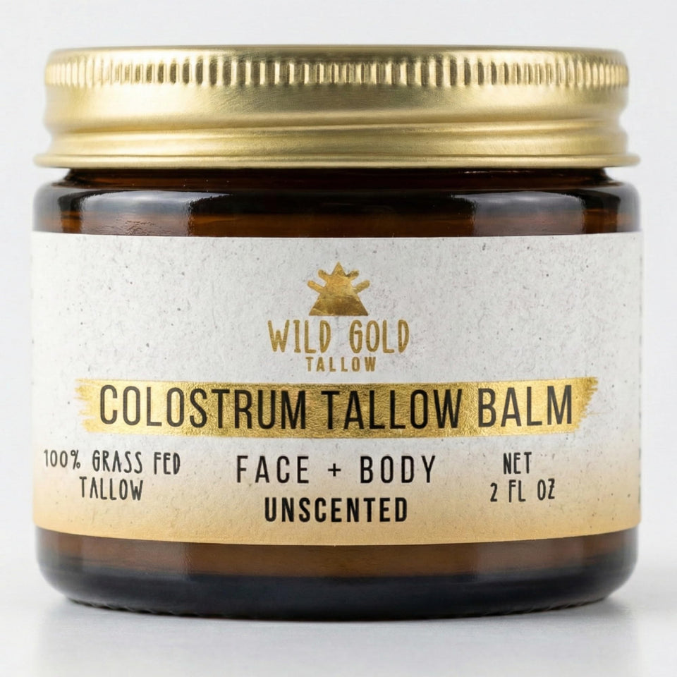Wild Gold Tallow Balm jar close-up showing unscented formula for sensitive skin.