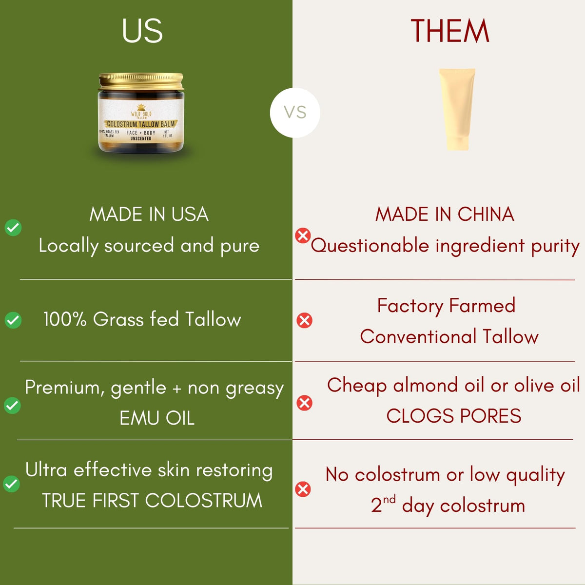 Wild Gold Tallow Emu Oil bottle highlights USA-sourced, non-comedogenic hydration for sensitive skin.