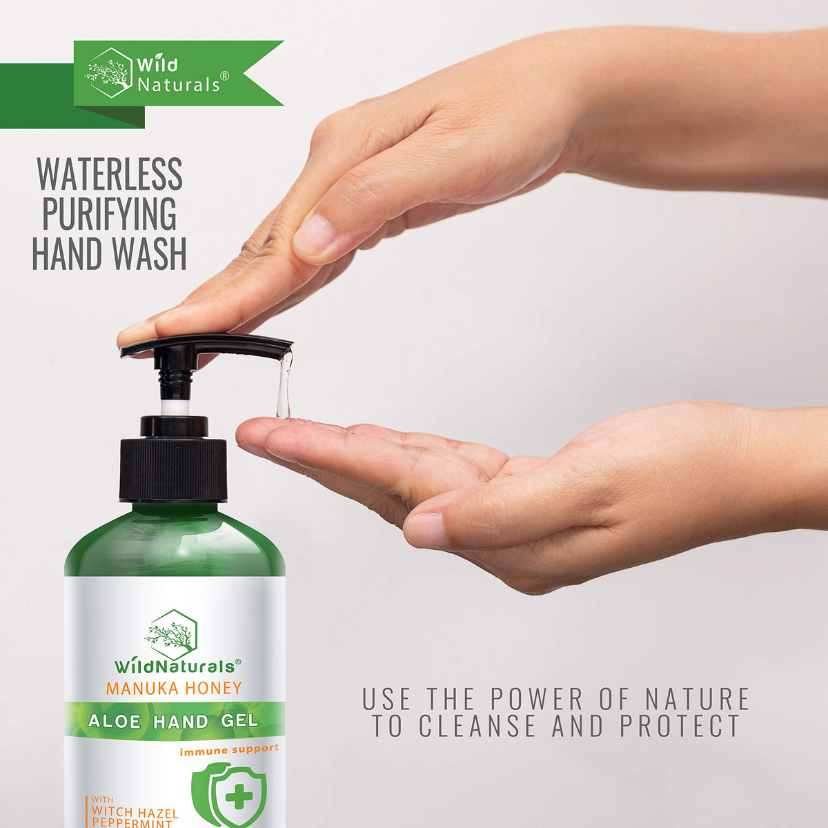 Wild Naturals Aloe Hand Gel pump dispensing on skin
