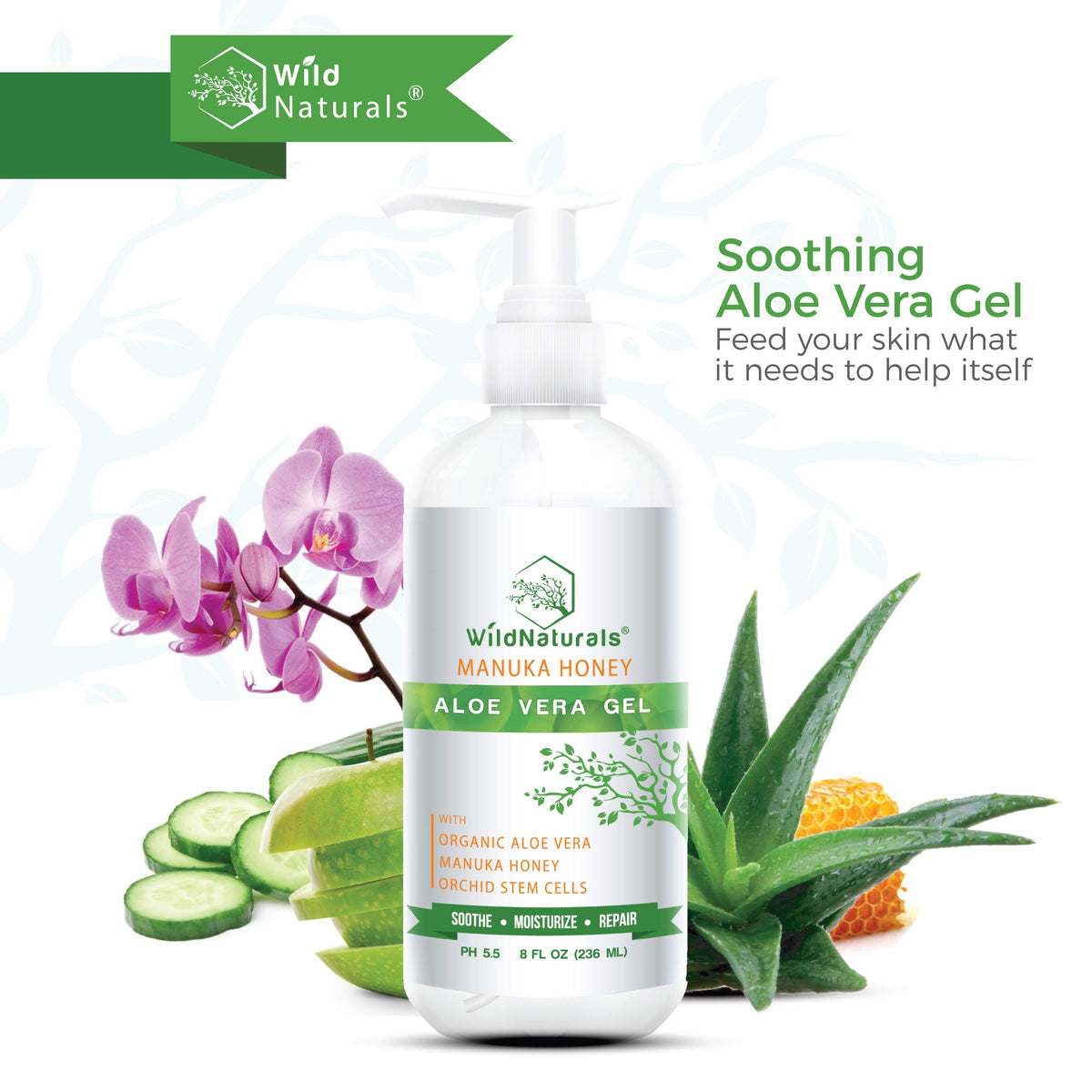 Wild Naturals Aloe Vera Gel face-application shows gentle, fast-absorbing moisture for daily use