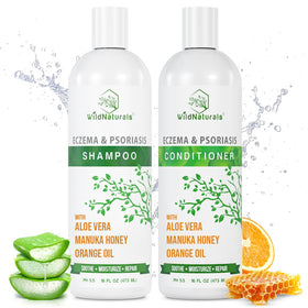 Wild Naturals anti-dandruff shampoo bottle promoting soothing scalp relief for itchy skin.