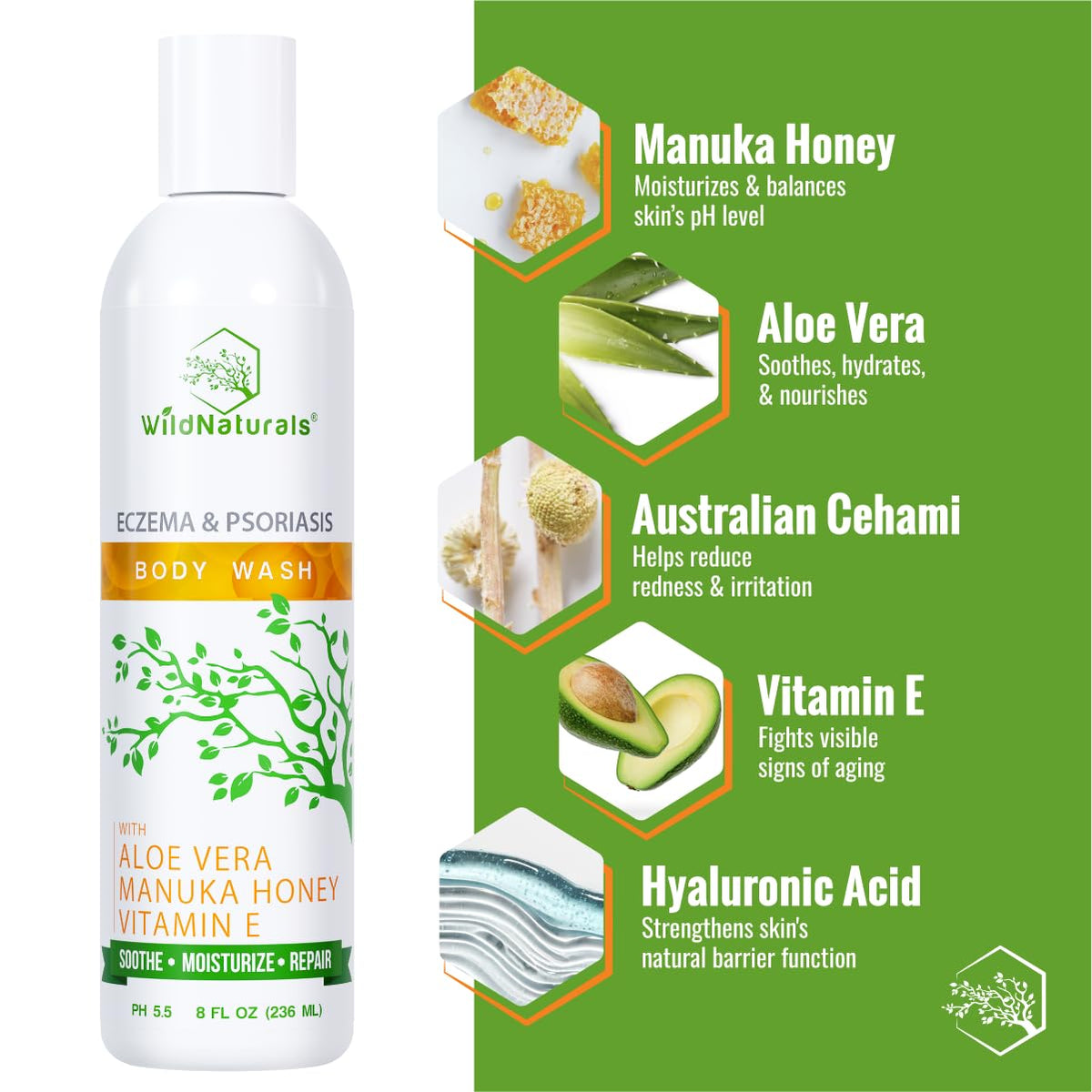 Wild Naturals eczema body wash label highlights Manuka Honey, Cehami, and Aloe Vera benefits.