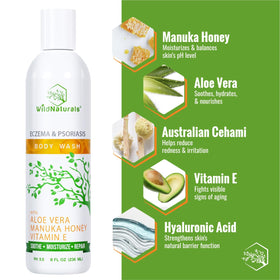 Wild Naturals eczema body wash label highlights Manuka Honey, Cehami, and Aloe Vera benefits.