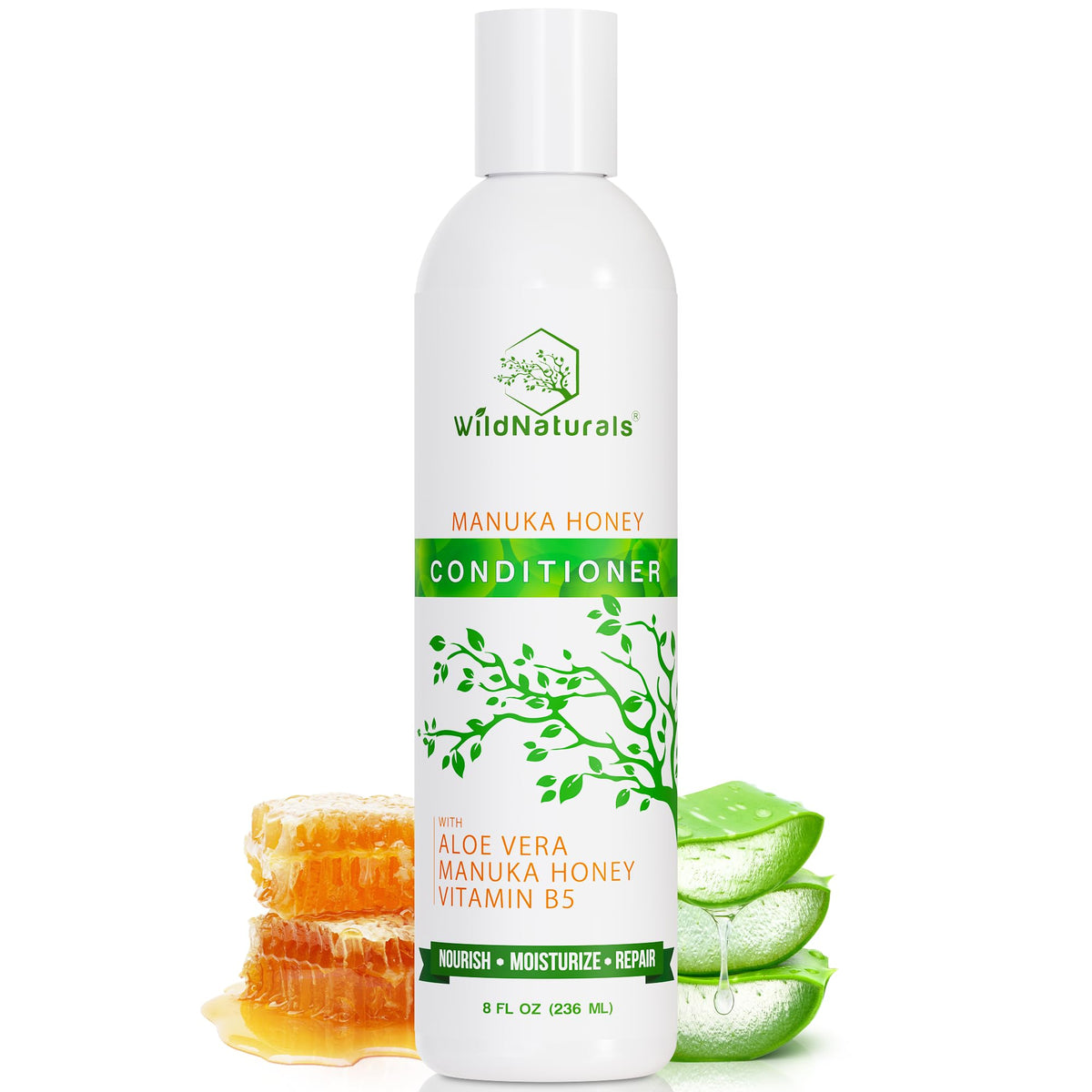 Wild Naturals hydrating conditioner bottle, showcasing creamy texture for dry scalp relief