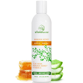 Wild Naturals Manuka Honey Body Wash bottle promoting gentle cleansing for dry skin