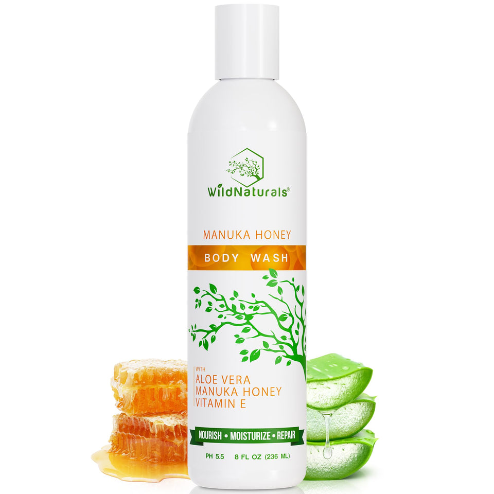 Wild Naturals Manuka Honey Body Wash bottle promoting gentle cleansing for dry skin