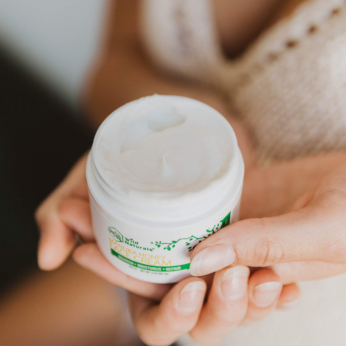 Wild Naturals Manuka Honey Face Cream night application demonstrates gentle hydration.