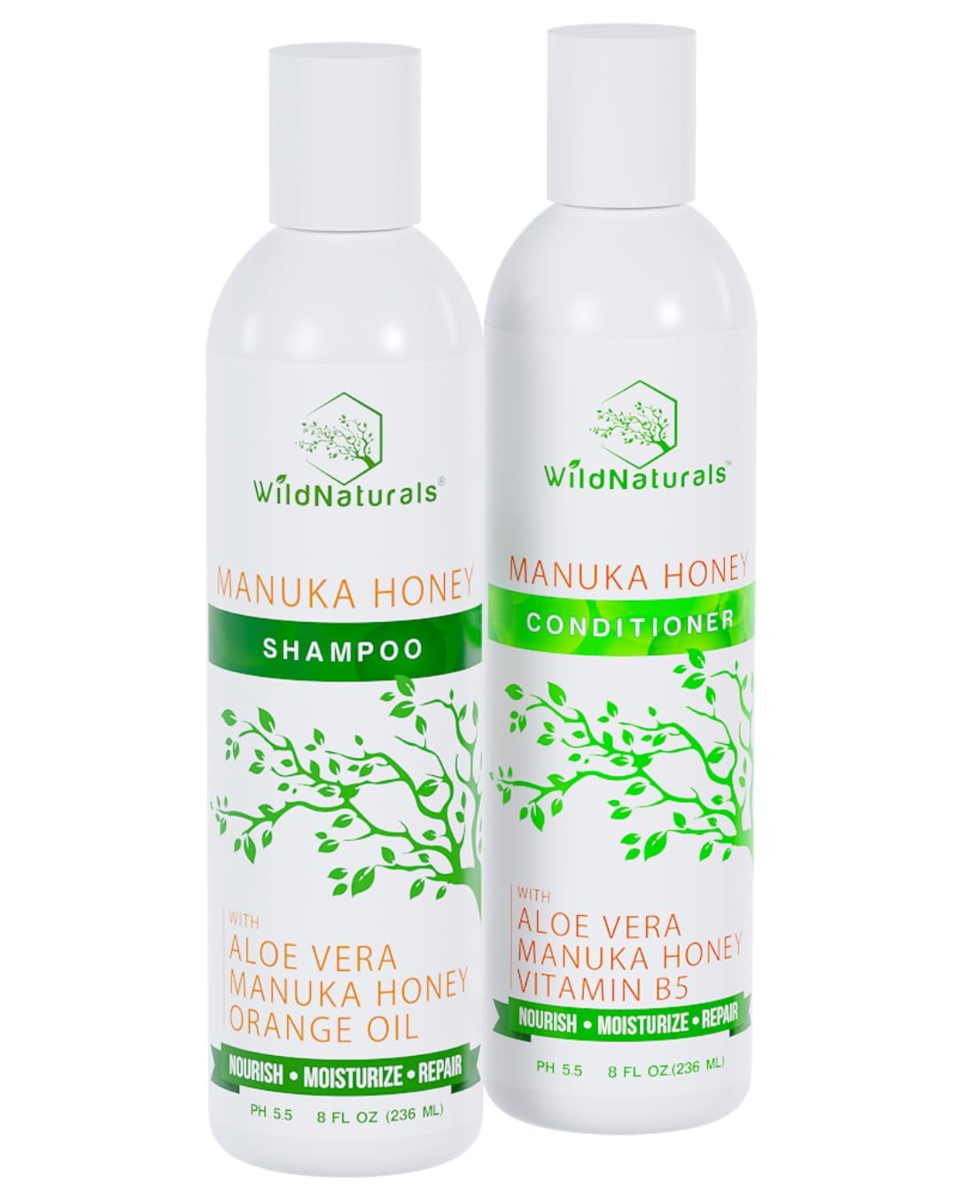 Wild Naturals Manuka Honey Shampoo bottle showing natural formula for balanced scalp.