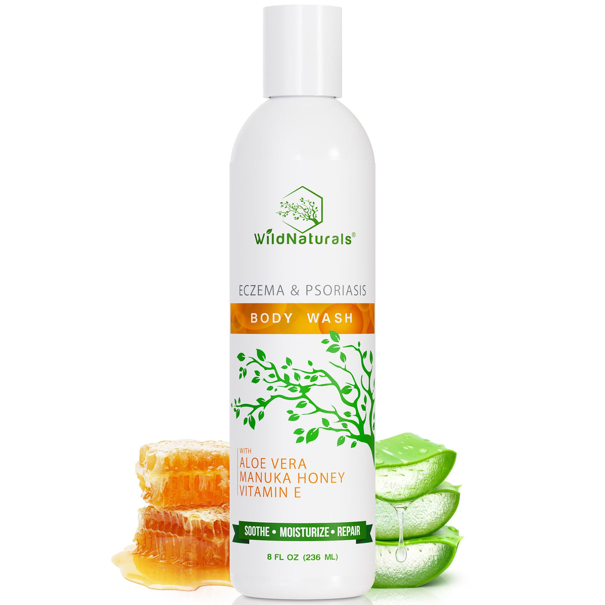 Wild Naturals moisturizing eczema body wash bottle demonstrates gentle cleansing for irritated skin.