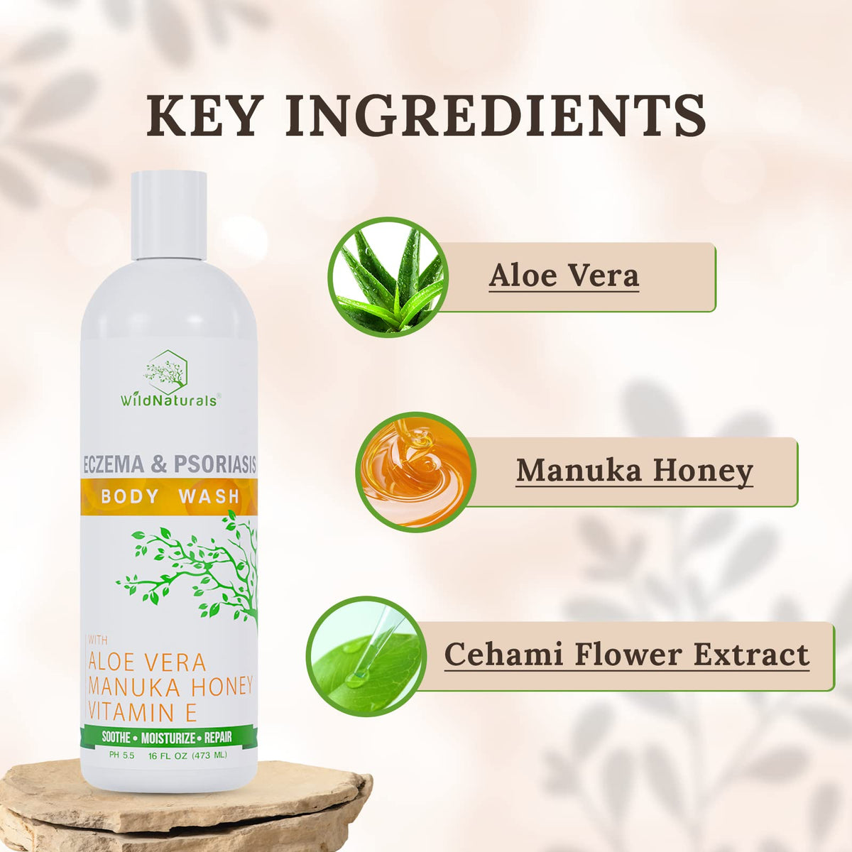 Wild Naturals eczema wash ingredients highlight aloe and honey for moisture