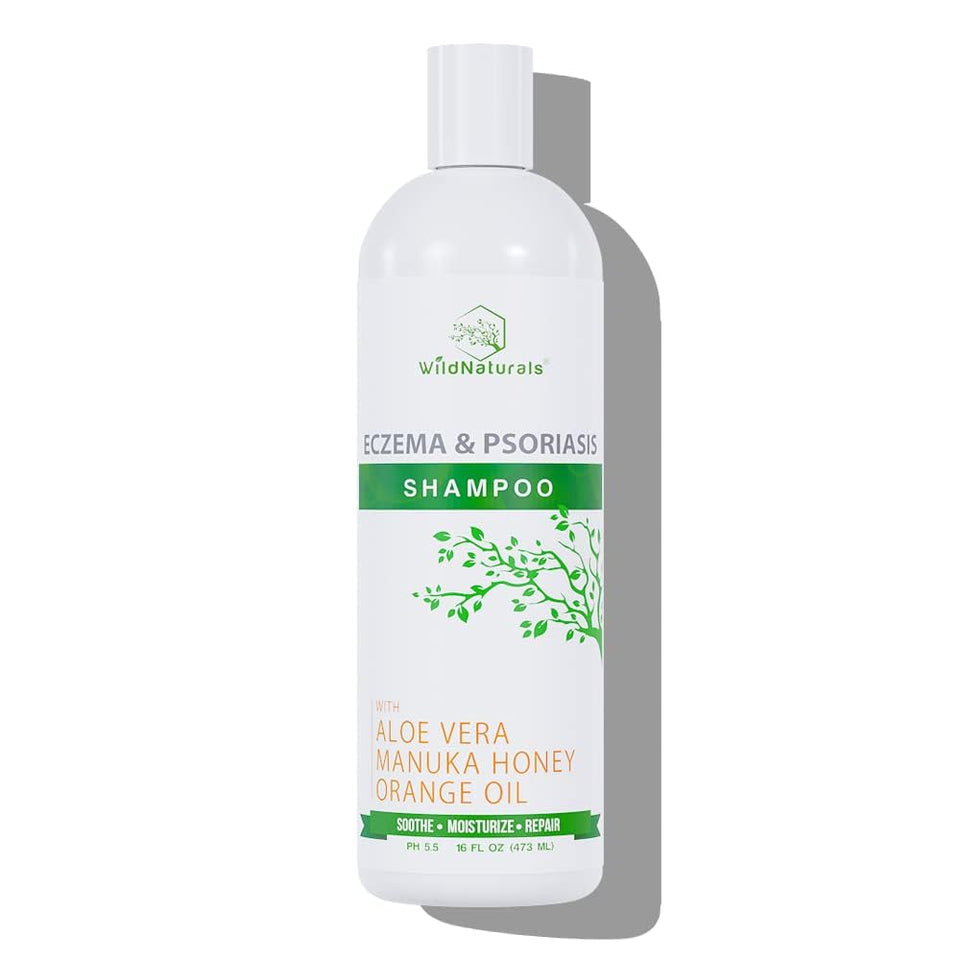 Wild Naturals psoriasis shampoo bottle front showing skin-friendly formula for sensitive scalps