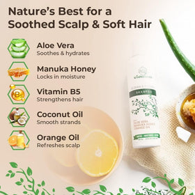 Wild Naturals psoriasis shampoo ingredients close-up featuring aloe vera and cehami for soothing relief