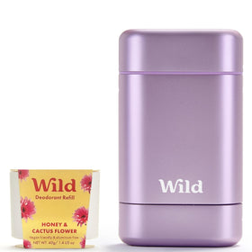 Wild refillable deodorant in a purple case offers all-day freshness with a sustainable design.