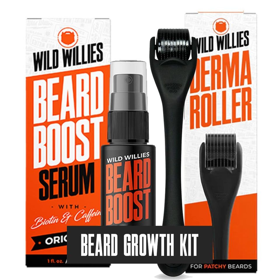 Wild Willies derma roller close-up, enhancing serum absorption for fuller beard.