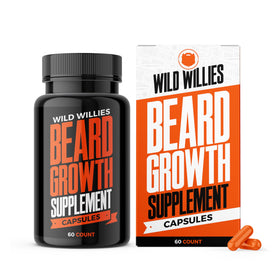 Wild Willies beard growth vitamins bottle promotes fuller beard look.