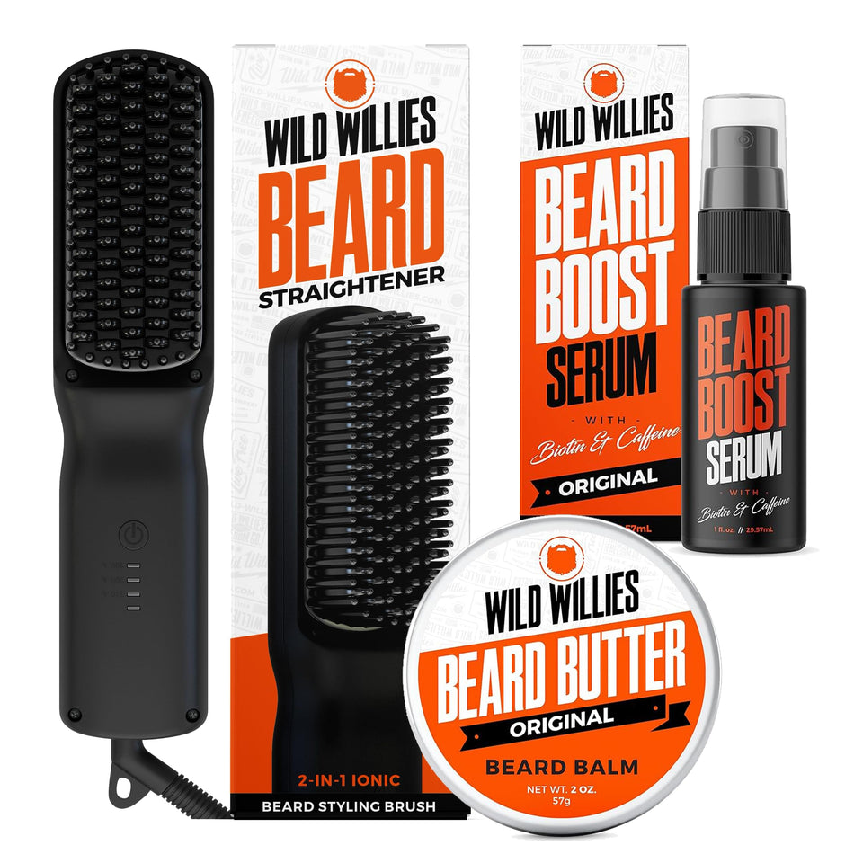 Wild Willies heated beard straightener for sleek, frizz-free styling.