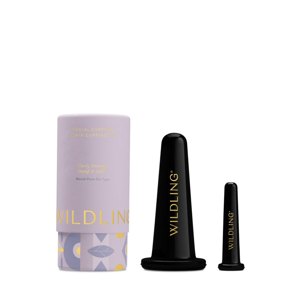 Wildling Lumin cupping set package with facial tools for puffiness reduction.