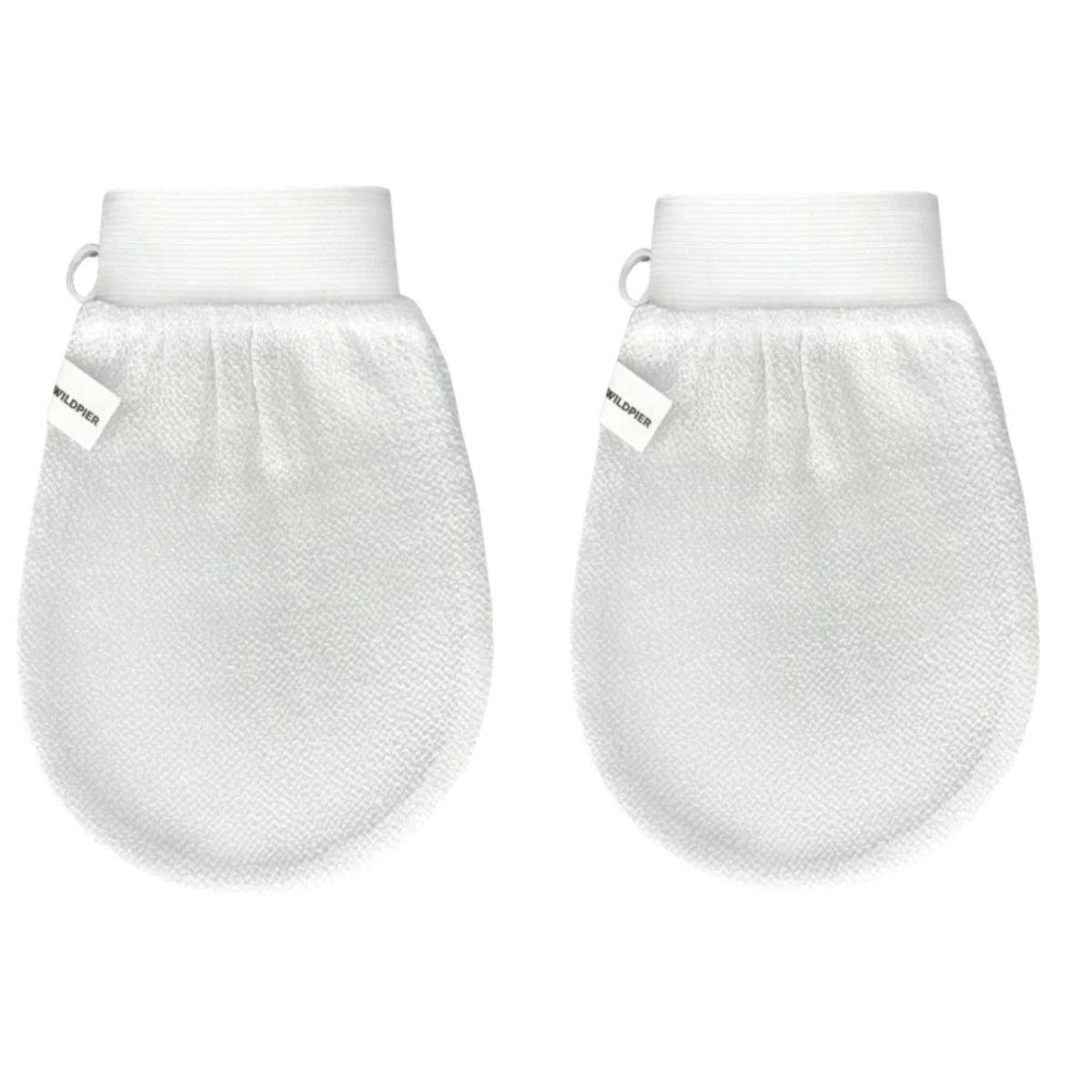 Wildpier exfoliating glove mitt in white pack, gentle body exfoliation.
