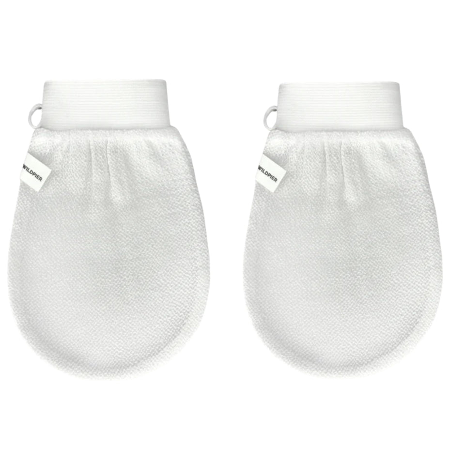 Wildpier exfoliating glove mitt in white pack, gentle body exfoliation.