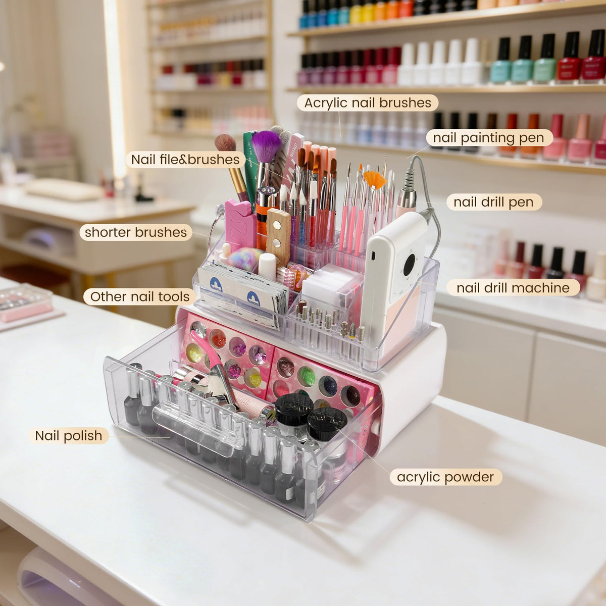 Wilfniee brush-pen-slot-compartment stores brushes and pens within reach.