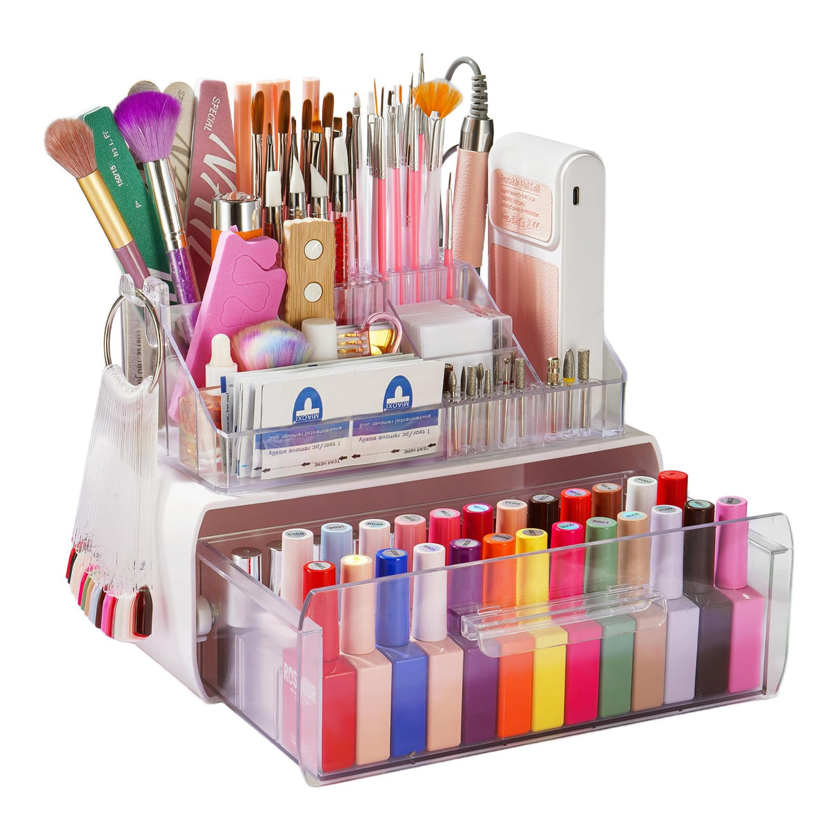 Wilfniee Nail Tech Desk Organizer Case with two layers keeps tools neatly organized.