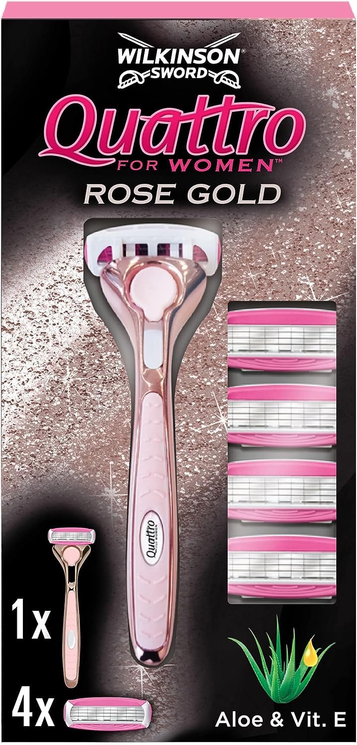 Wilkinson Sword Quattro Rose Gold metal handle with a comfortable grip for precise shaving.